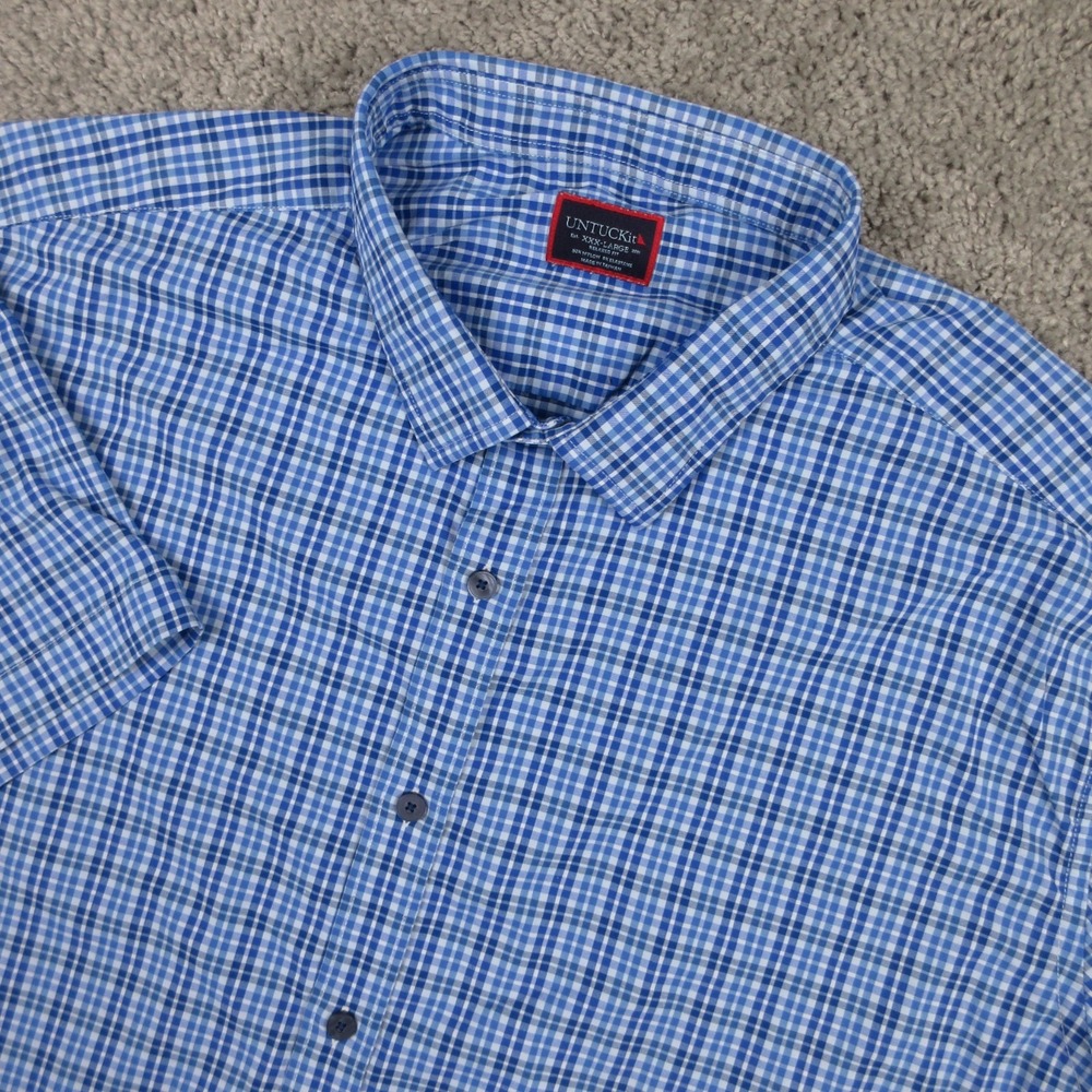 Untuckit Shirt Mens 3XL Blue Plaid Relaxed Fit Short Sleeve Nylon Flex Button Up
